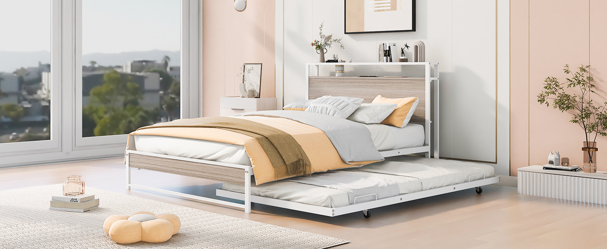 Full Size Metal Platform Bed with Trundle and USB Ports