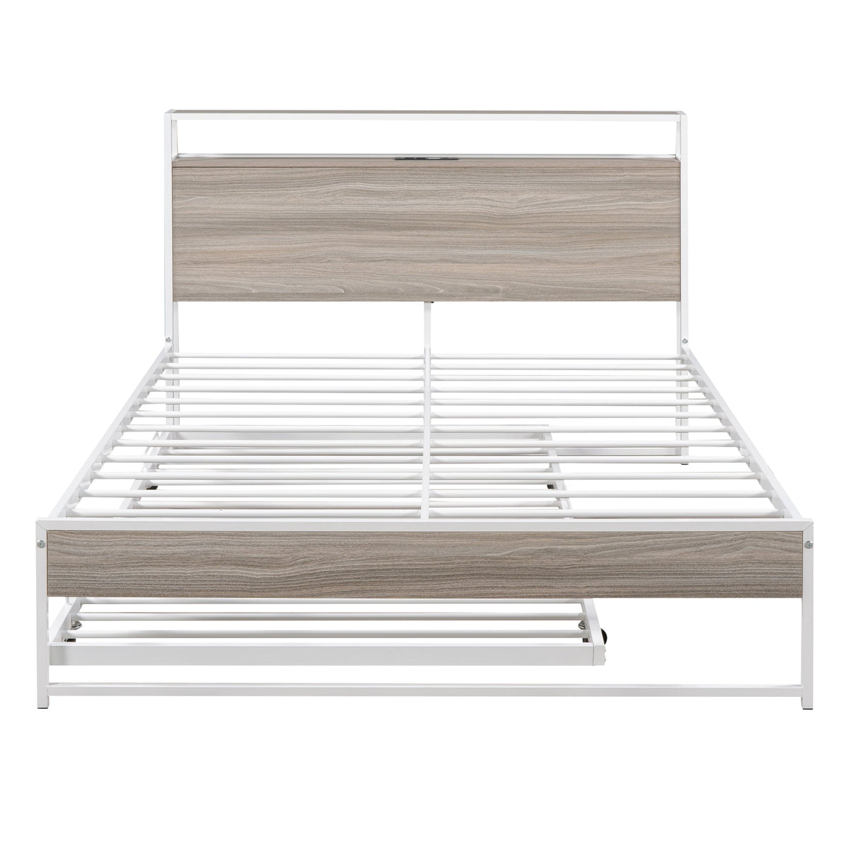 Full Size Metal Platform Bed with Trundle and USB Ports
