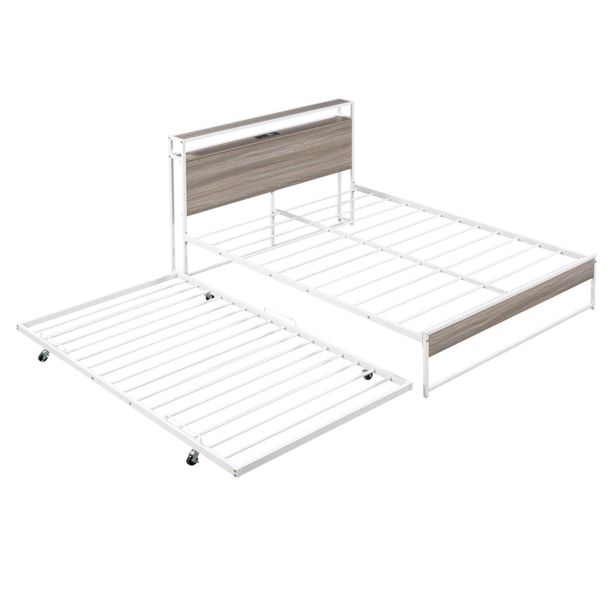 Full Size Metal Platform Bed with Trundle and USB Ports