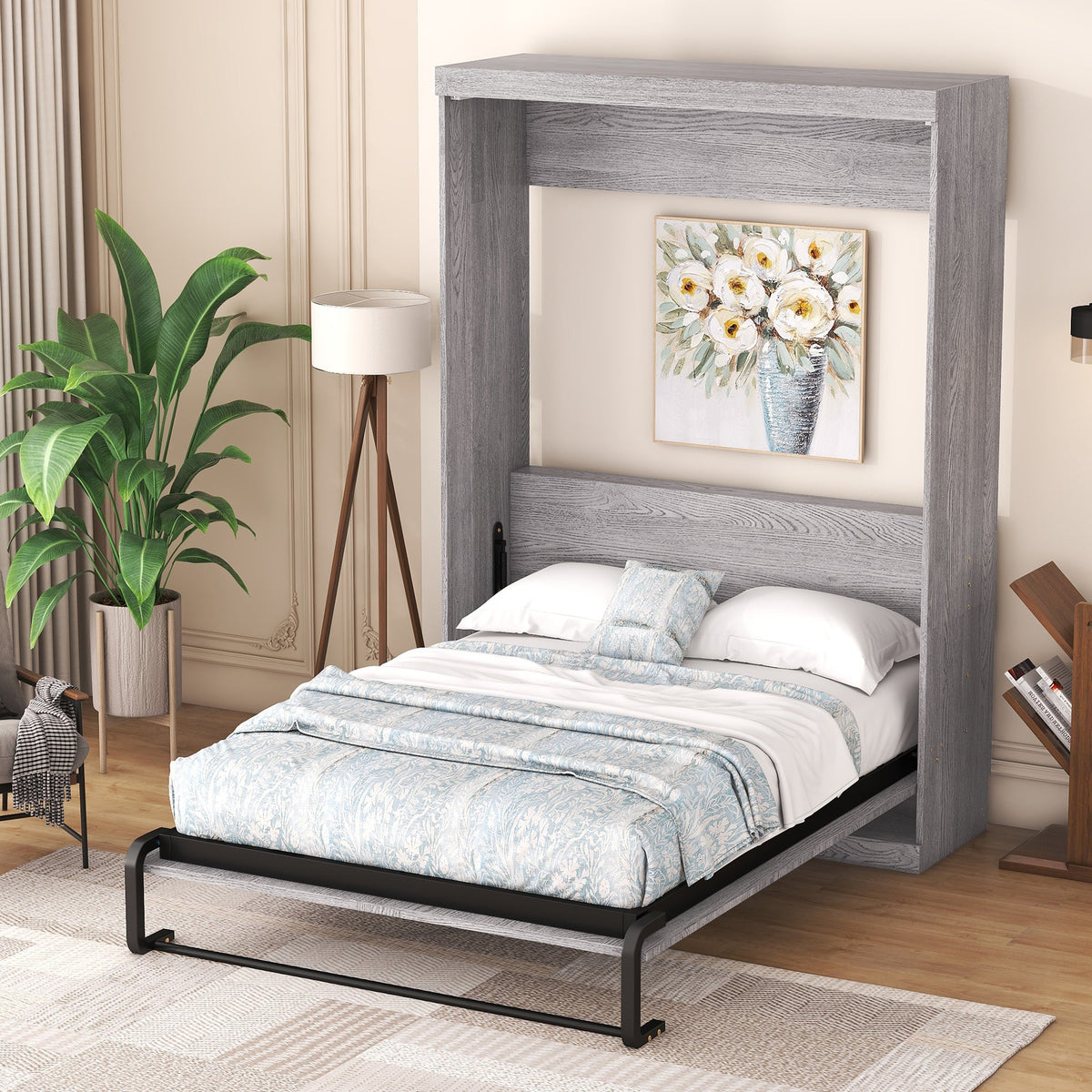 Full Size Murphy Bed Cabinet, Fold-Away Grey Wardrobe