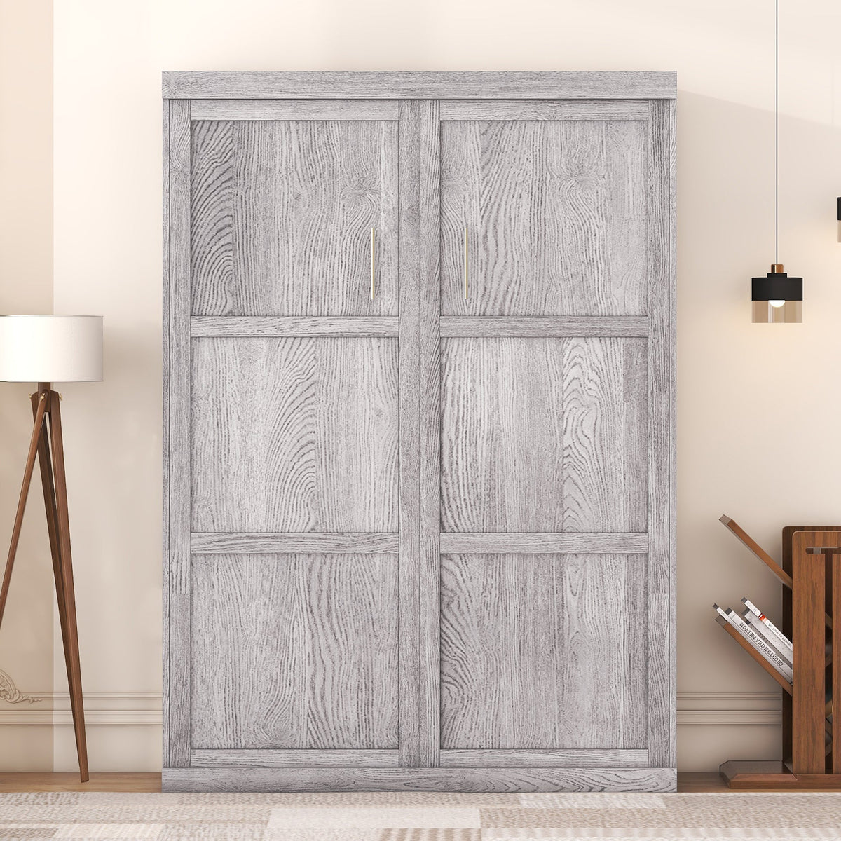 Full Size Murphy Bed Cabinet, Fold-Away Grey Wardrobe