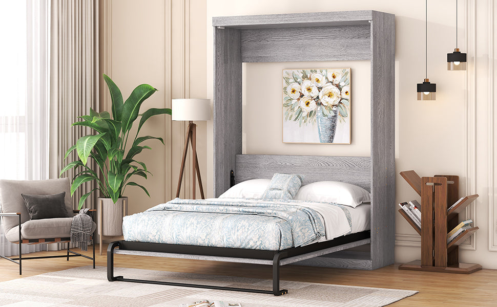 Full Size Murphy Bed Cabinet, Fold-Away Grey Wardrobe