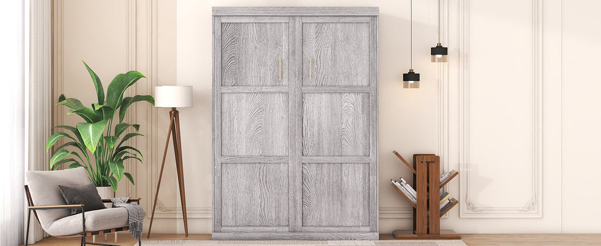 Full Size Murphy Bed Cabinet, Fold-Away Grey Wardrobe