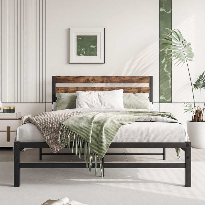 Full Size Platform Bed Frame with Rustic Wood Headboard