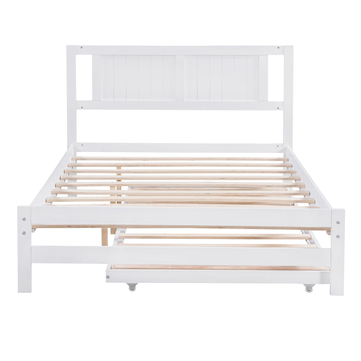Full Size Platform Bed with Pull-Out Trundle, White