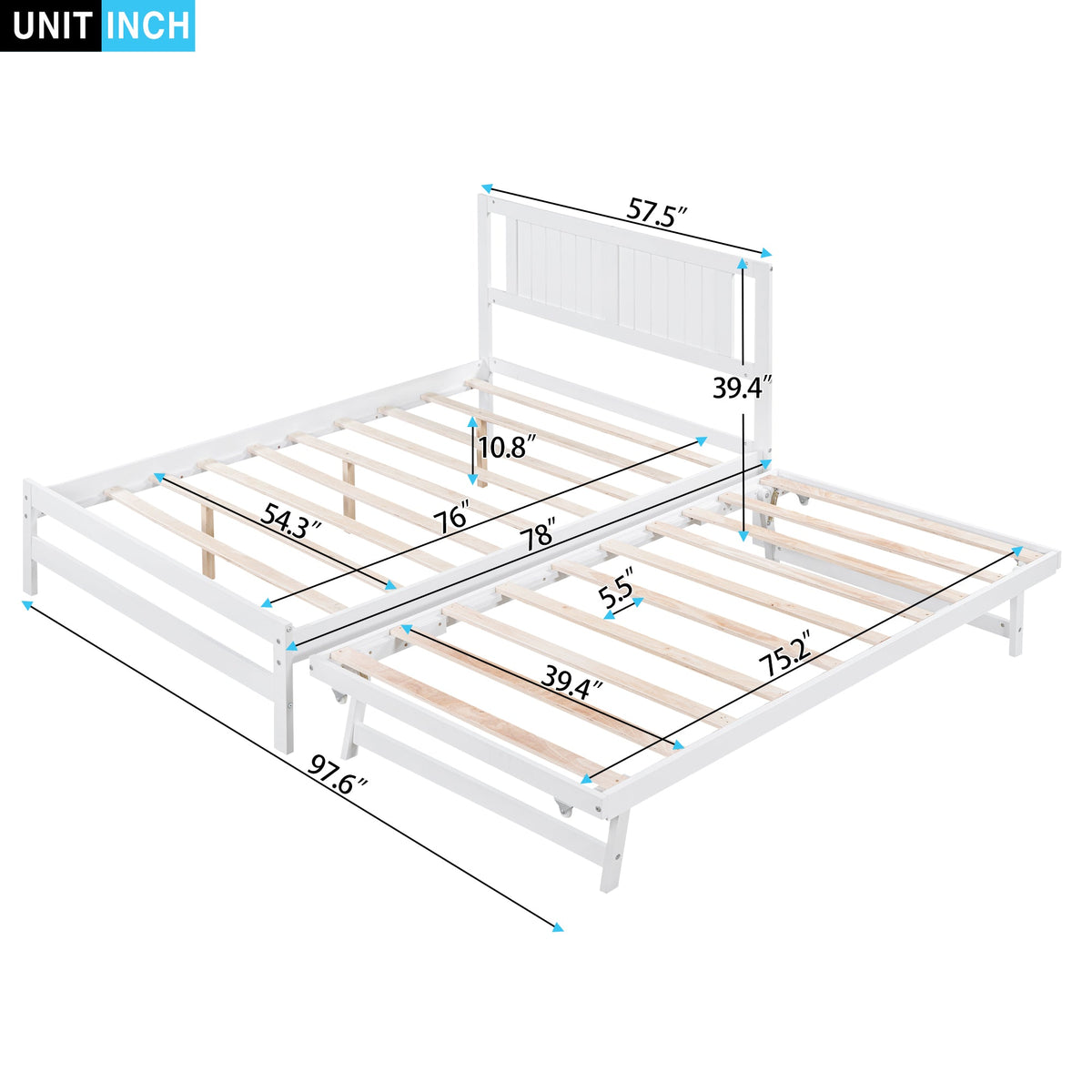 Full Size Platform Bed with Pull-Out Trundle, White
