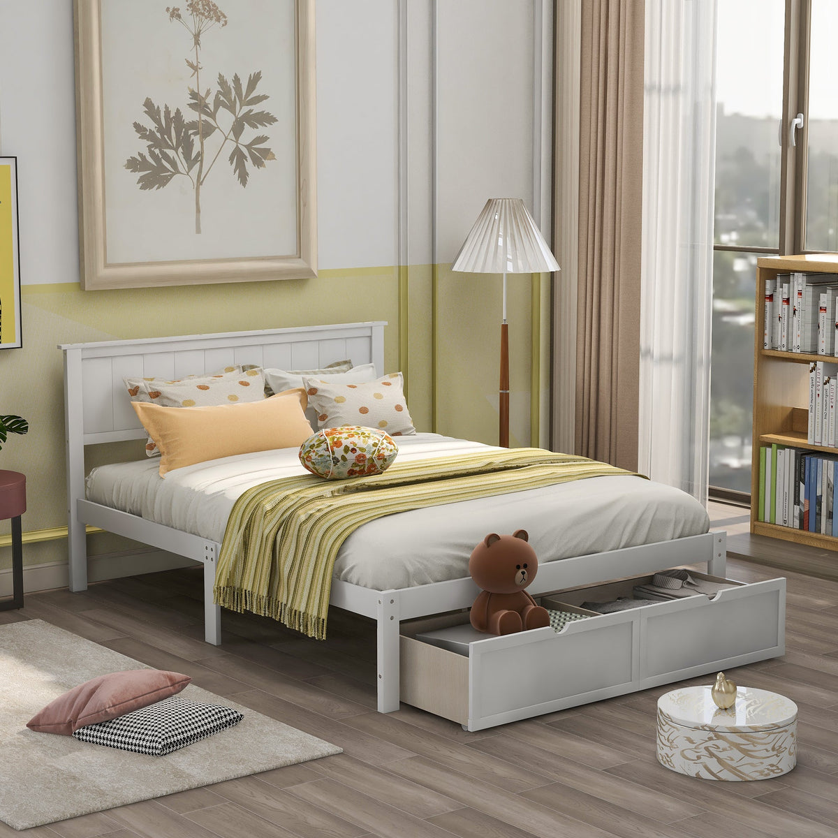 Full Size Platform Bed with Storage Drawers in White