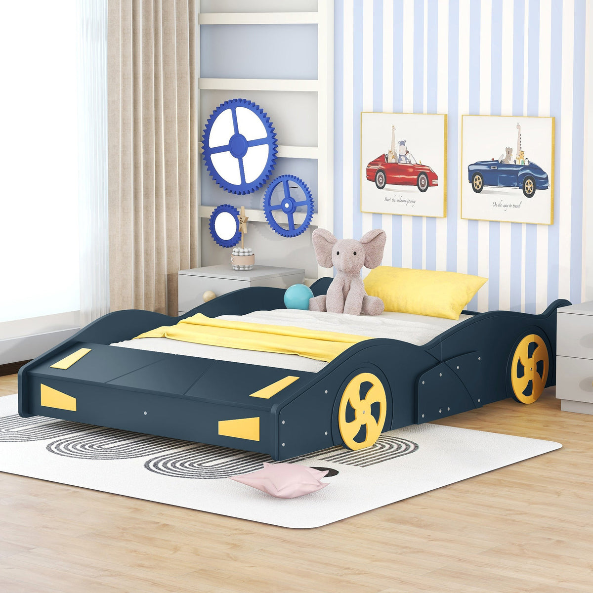 Kids Full Size Race Car Bed with Wheels and Storage