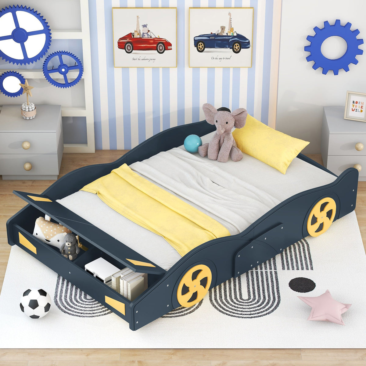 Kids Full Size Race Car Bed with Wheels and Storage
