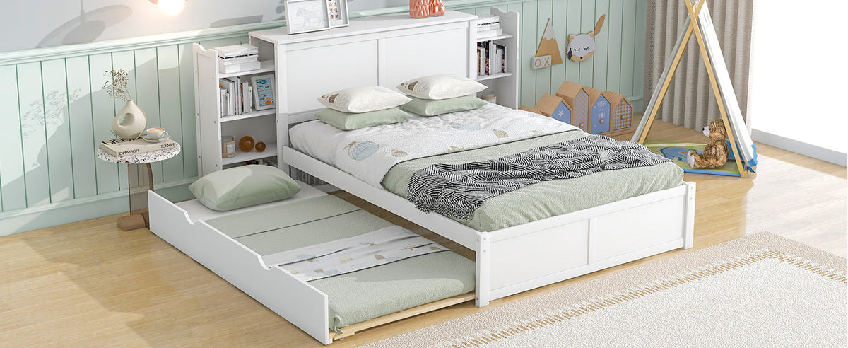 Full Size Platform Bed with Bookcase Headboard & Trundle