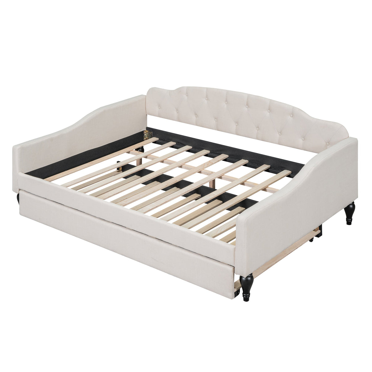 Full Size Tufted Daybed with Twin Trundle, Beige Linen