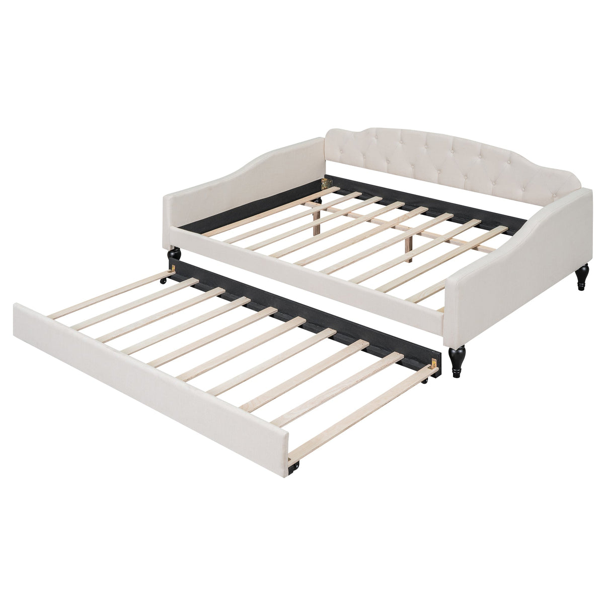 Full Size Tufted Daybed with Twin Trundle, Beige Linen