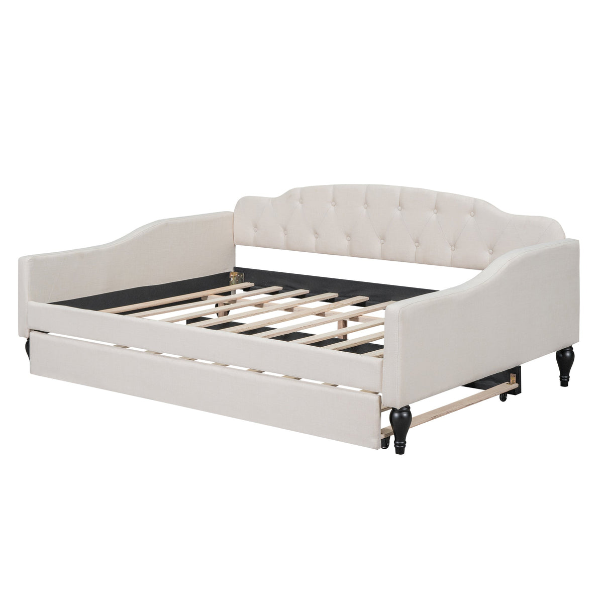 Full Size Tufted Daybed with Twin Trundle, Beige Linen