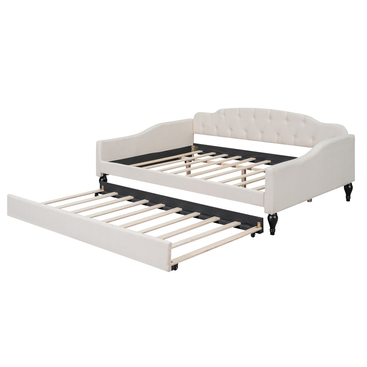Full Size Tufted Daybed with Twin Trundle, Beige Linen