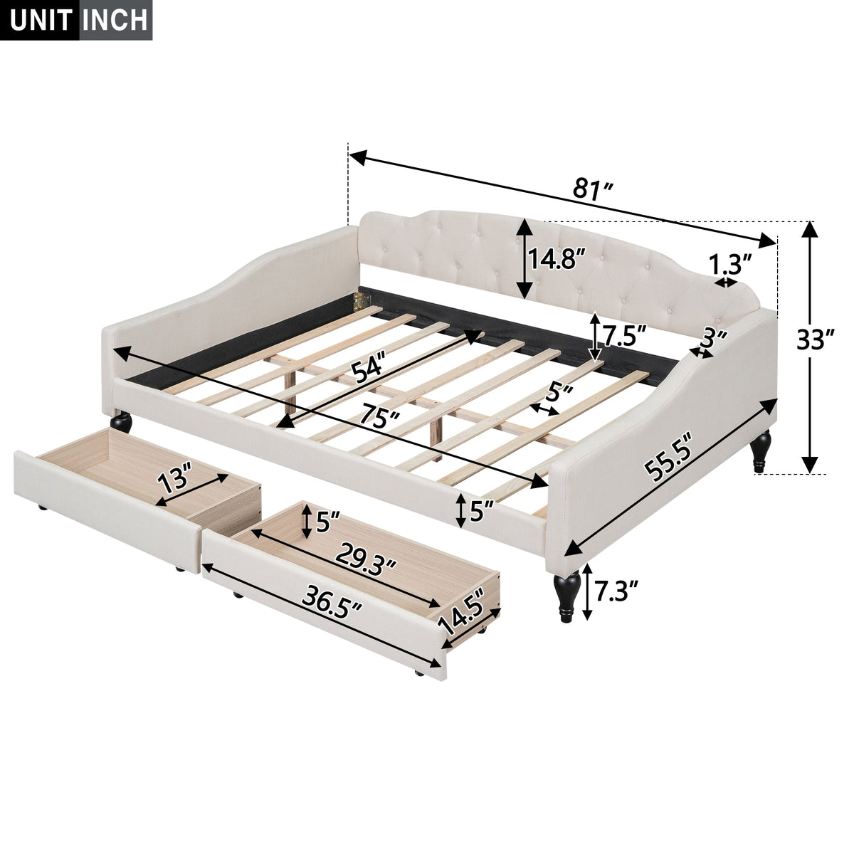 Full Size Tufted Daybed with Storage Drawers, Beige
