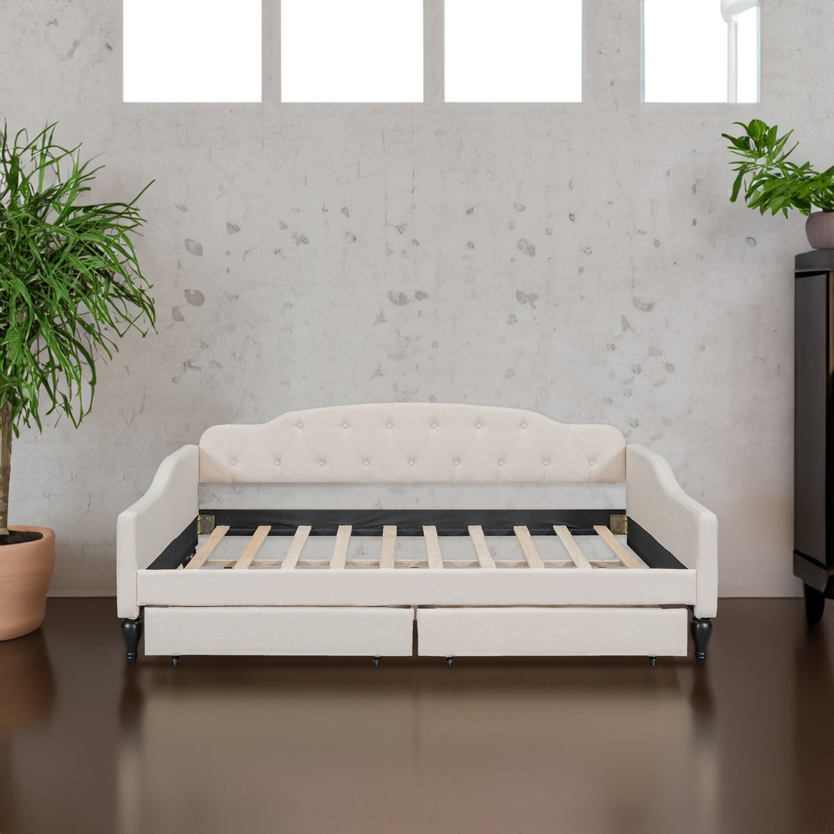 Full Size Tufted Daybed with Storage Drawers, Beige