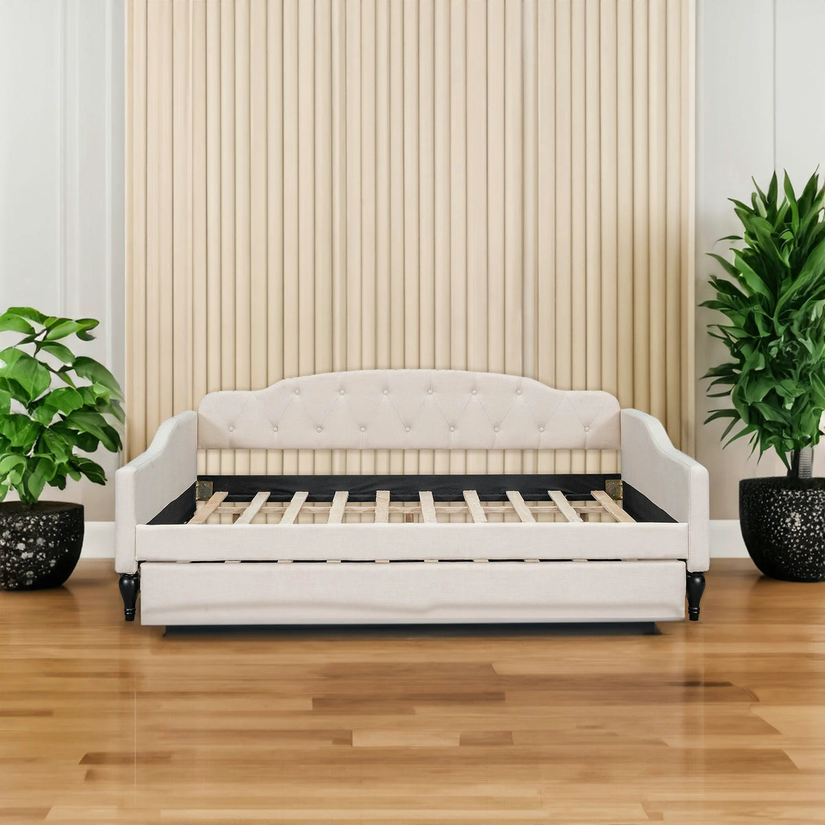 Full Size Tufted Daybed with Twin Trundle, Beige Linen
