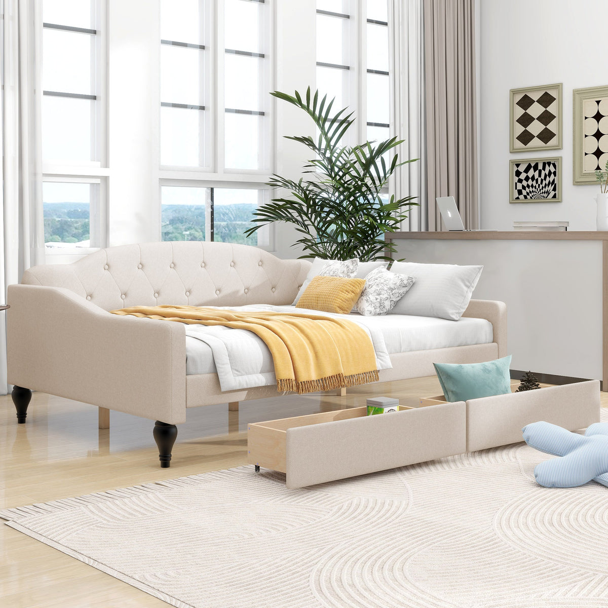 Full Size Tufted Daybed with Storage Drawers, Beige
