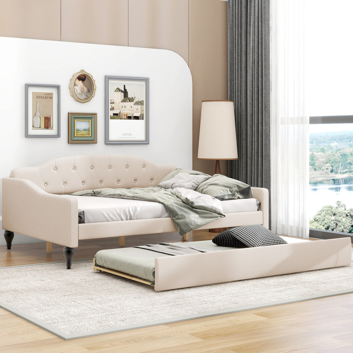 Full Size Tufted Daybed with Twin Trundle, Beige Linen