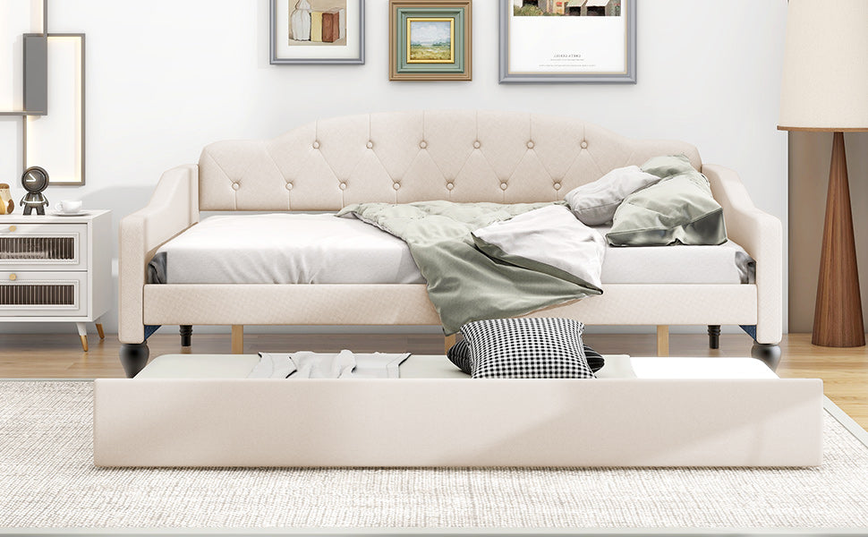 Full Size Tufted Daybed with Twin Trundle, Beige Linen