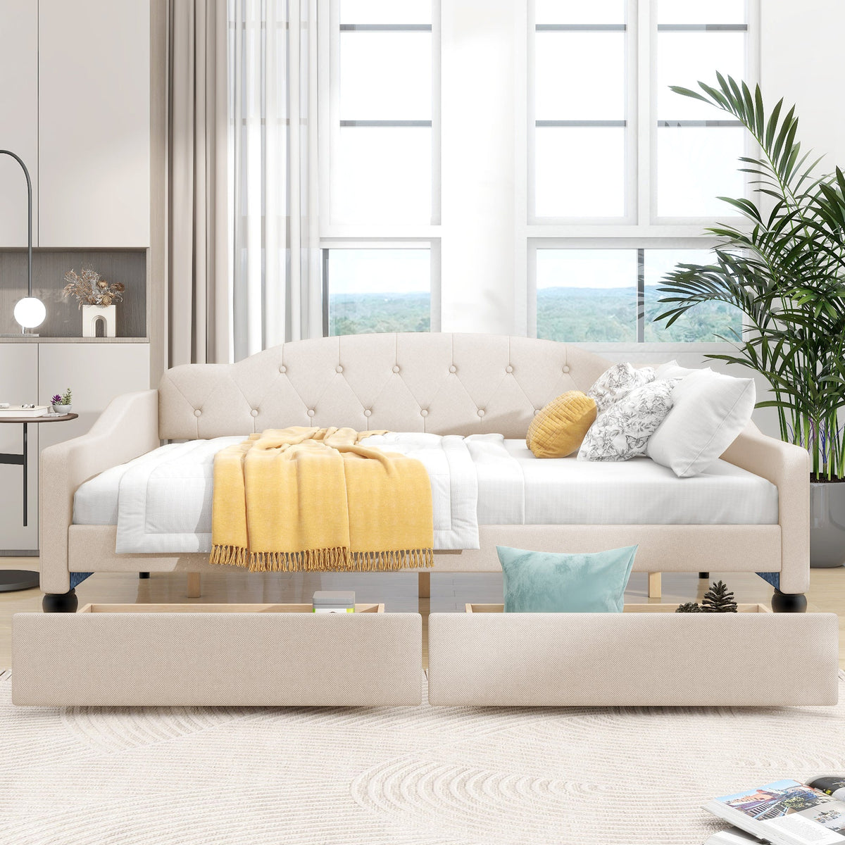 Full Size Tufted Daybed with Storage Drawers, Beige