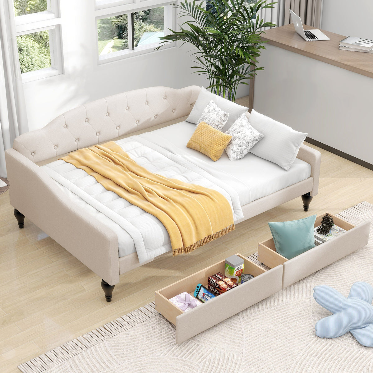Full Size Tufted Daybed with Storage Drawers, Beige
