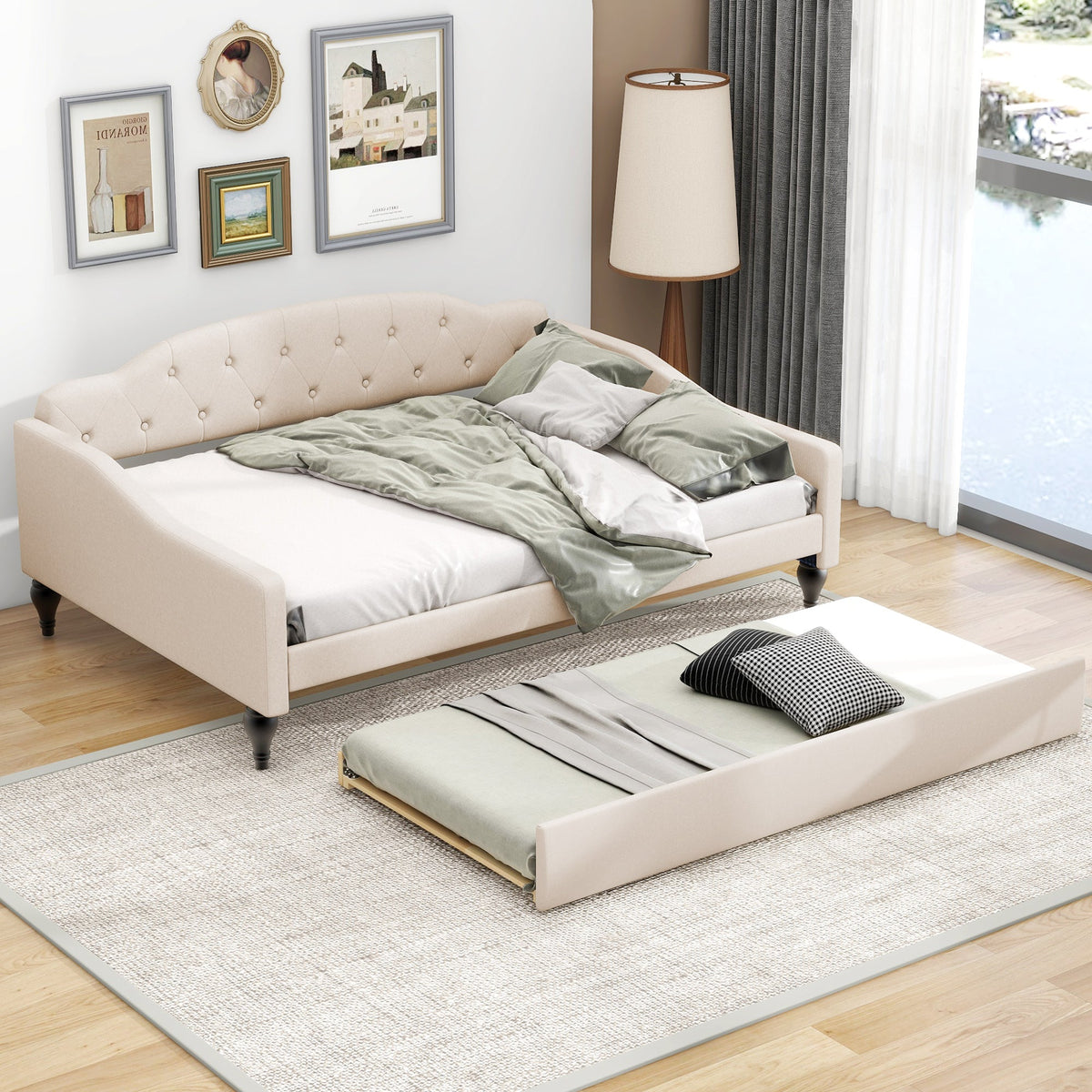 Full Size Tufted Daybed with Twin Trundle, Beige Linen