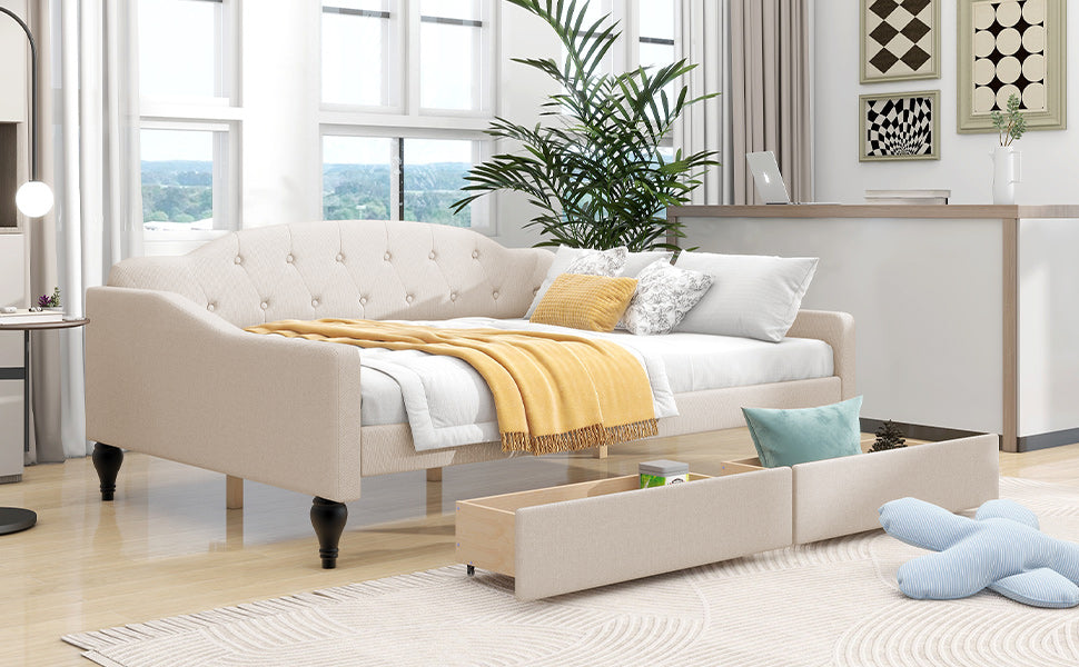 Full Size Tufted Daybed with Storage Drawers, Beige