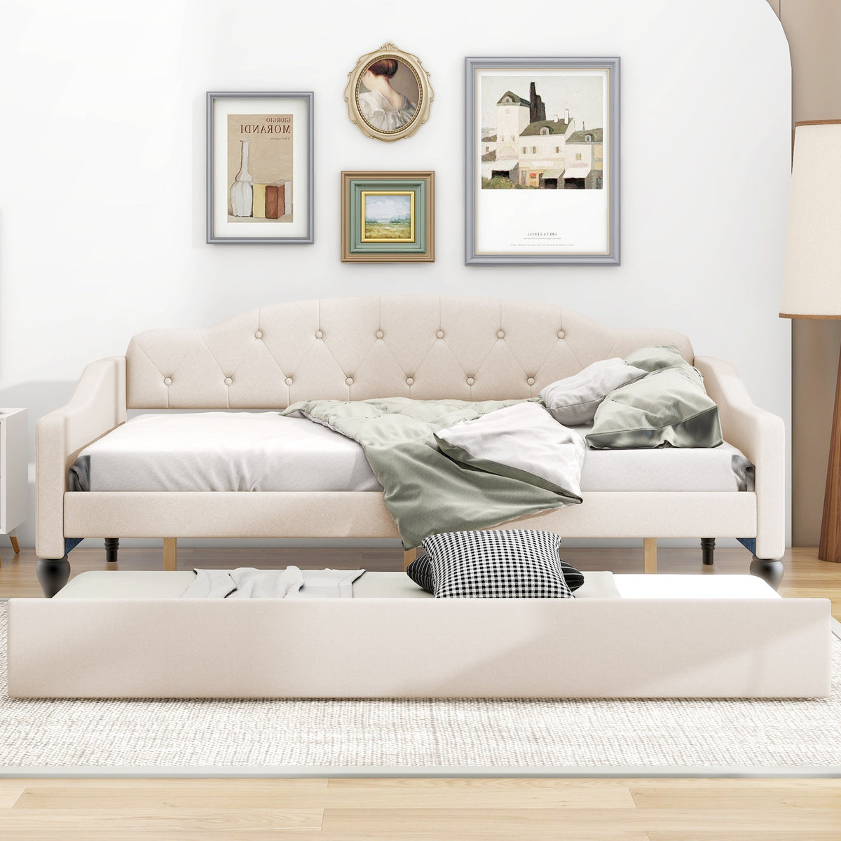 Full Size Tufted Daybed with Twin Trundle, Beige Linen