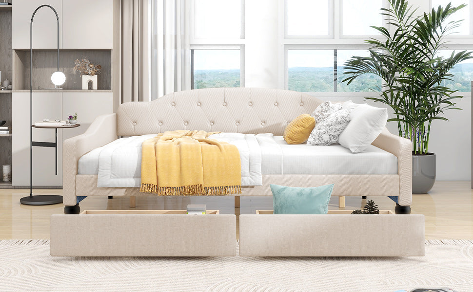 Full Size Tufted Daybed with Storage Drawers, Beige
