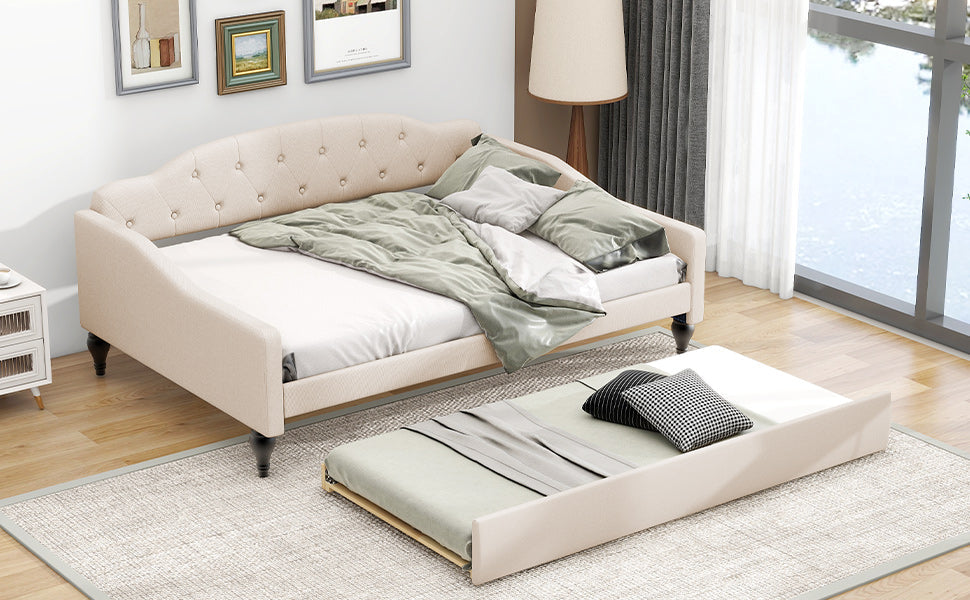 Full Size Tufted Daybed with Twin Trundle, Beige Linen