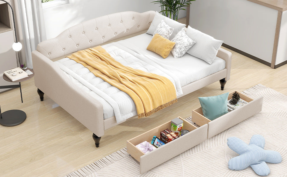 Full Size Tufted Daybed with Storage Drawers, Beige