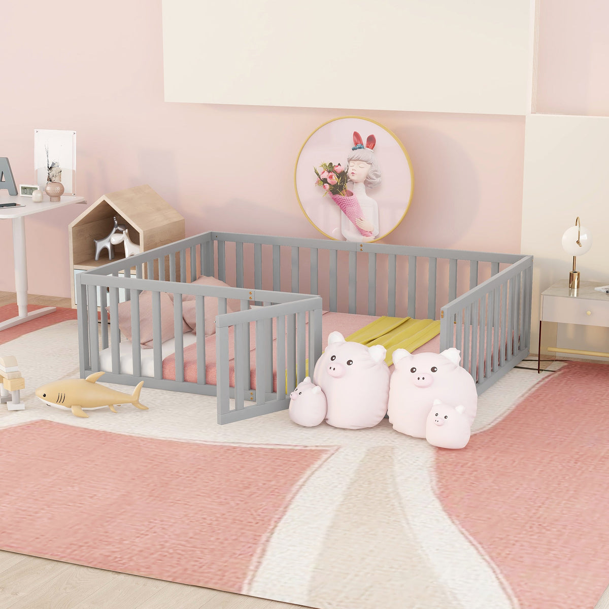 Full Size Kids Wood Daybed with Fence and Gate, Gray
