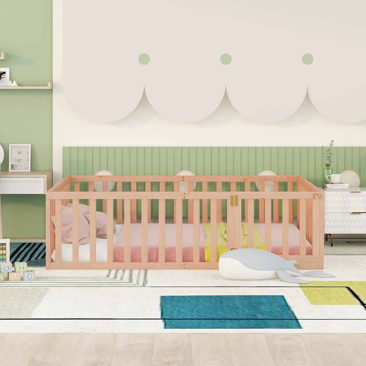 Full Size Wood Toddler Bed Frame with Safety Fence & Gate