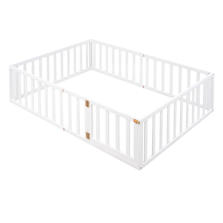 Full Size Wood Floor Bed Frame with Safety Guardrails