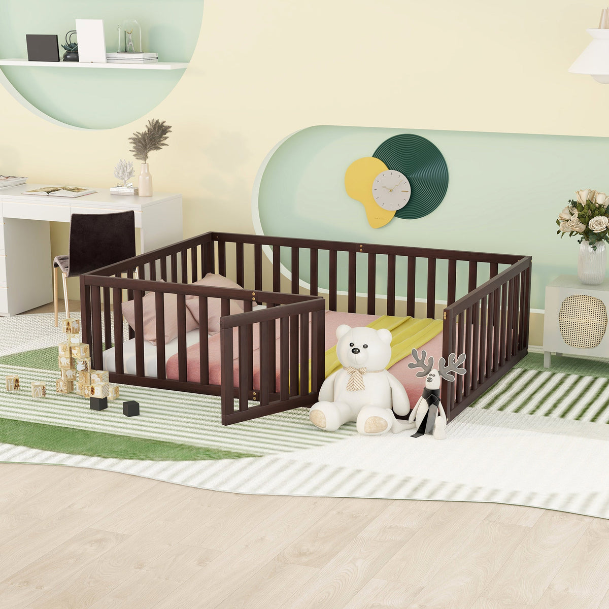 Walnut Kids Floor Bed with Fence and Gate for Toddlers