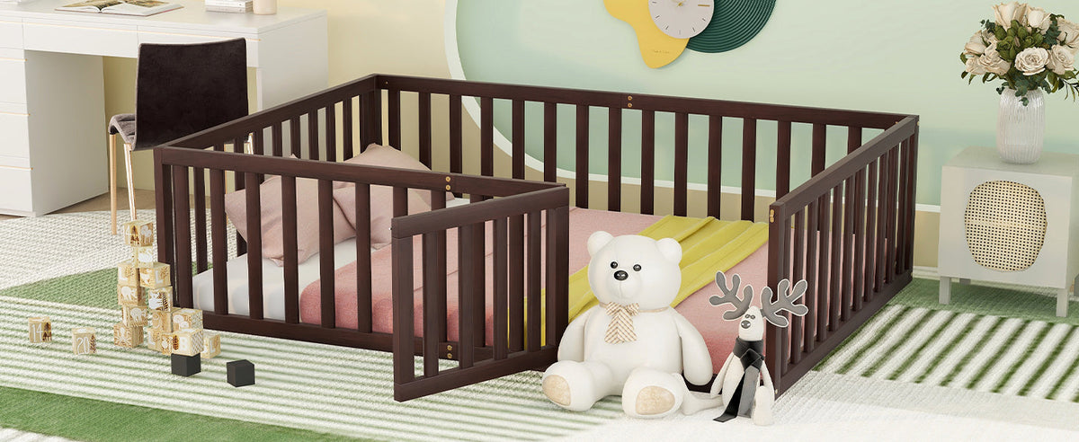 Walnut Kids Floor Bed with Fence and Gate for Toddlers