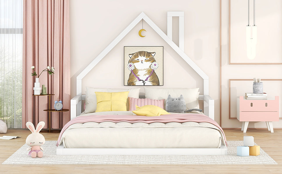 Full Size Floor Bed with House Headboard, White Wood