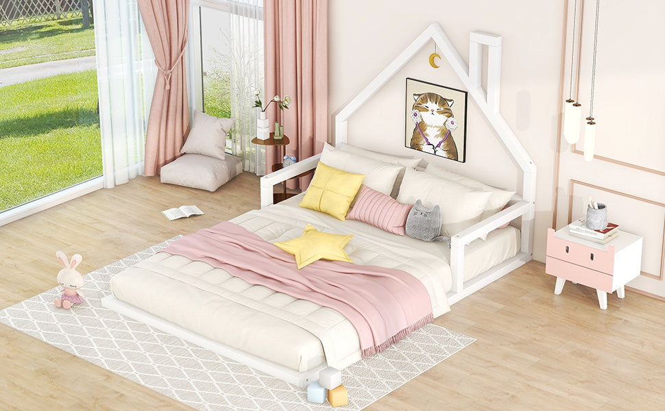 Full Size Floor Bed with House Headboard, White Wood