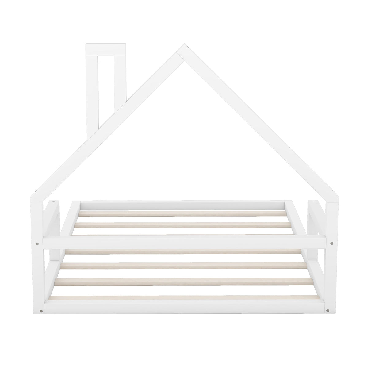 Full Size Floor Bed with House Headboard, White Wood