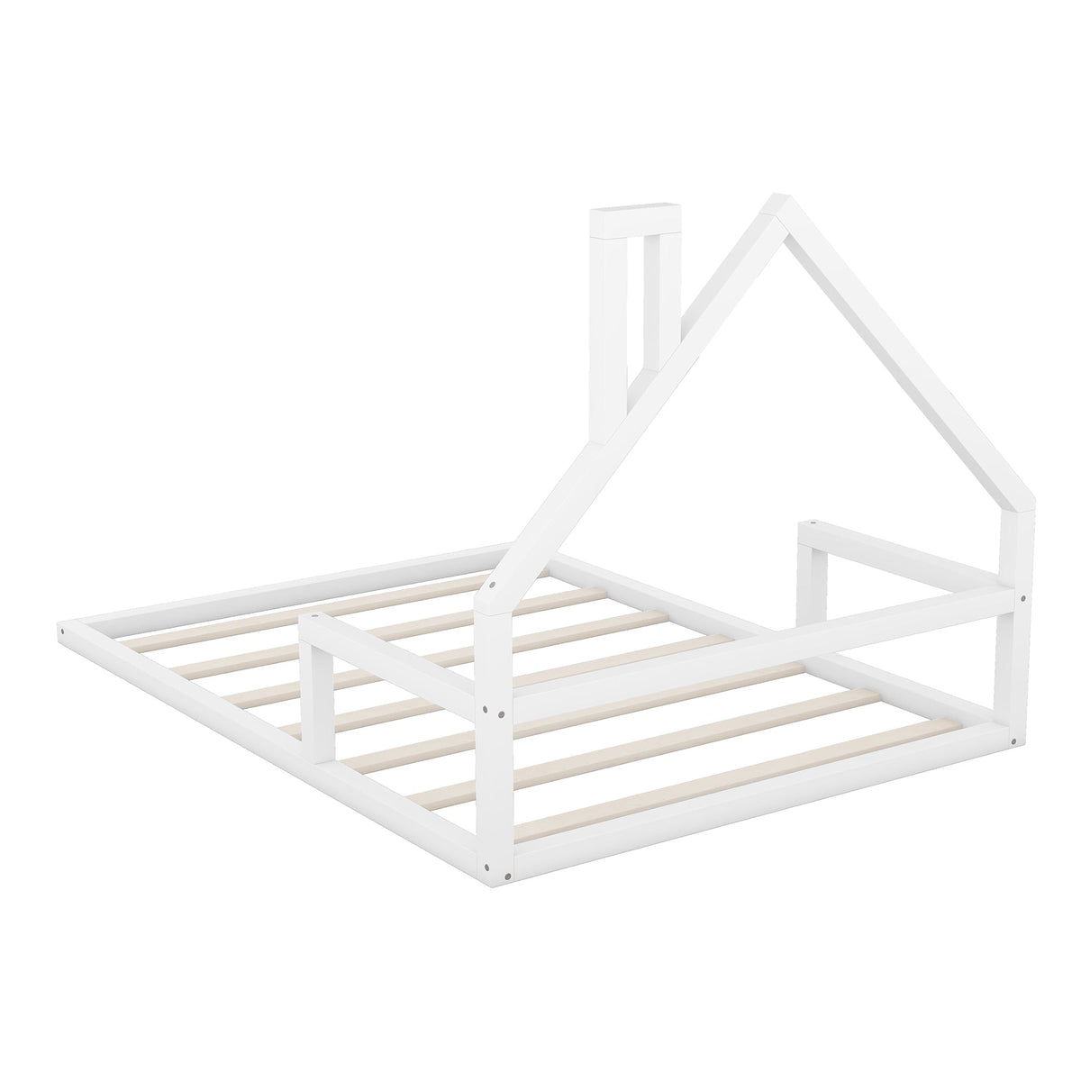 Full Size Floor Bed with House Headboard, White Wood