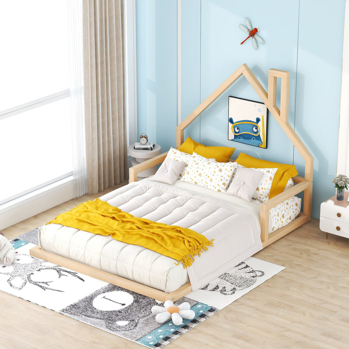 Full Size Kids Floor Bed with House-Shaped Headboard