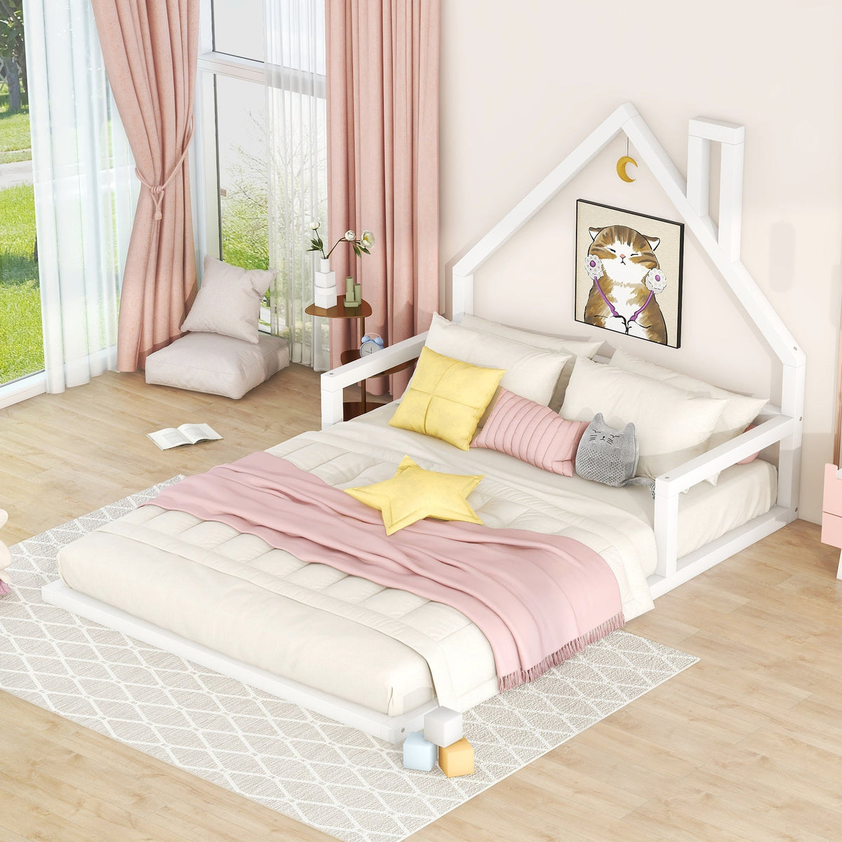 Full Size Floor Bed with House Headboard, White Wood