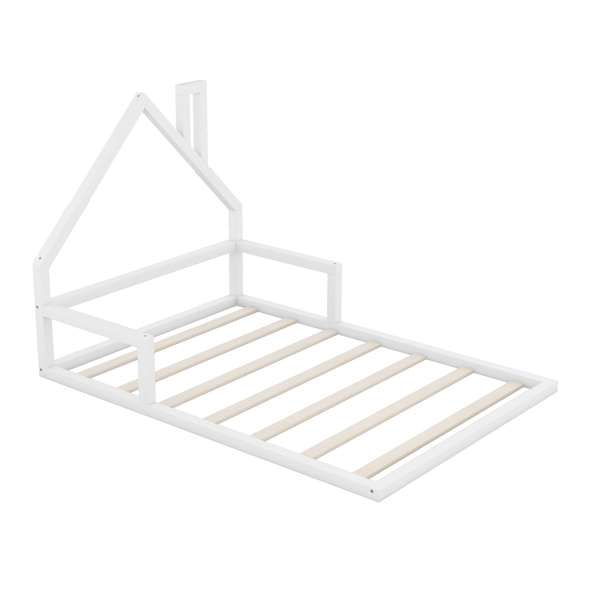 Full Size Floor Bed with House Headboard, White Wood
