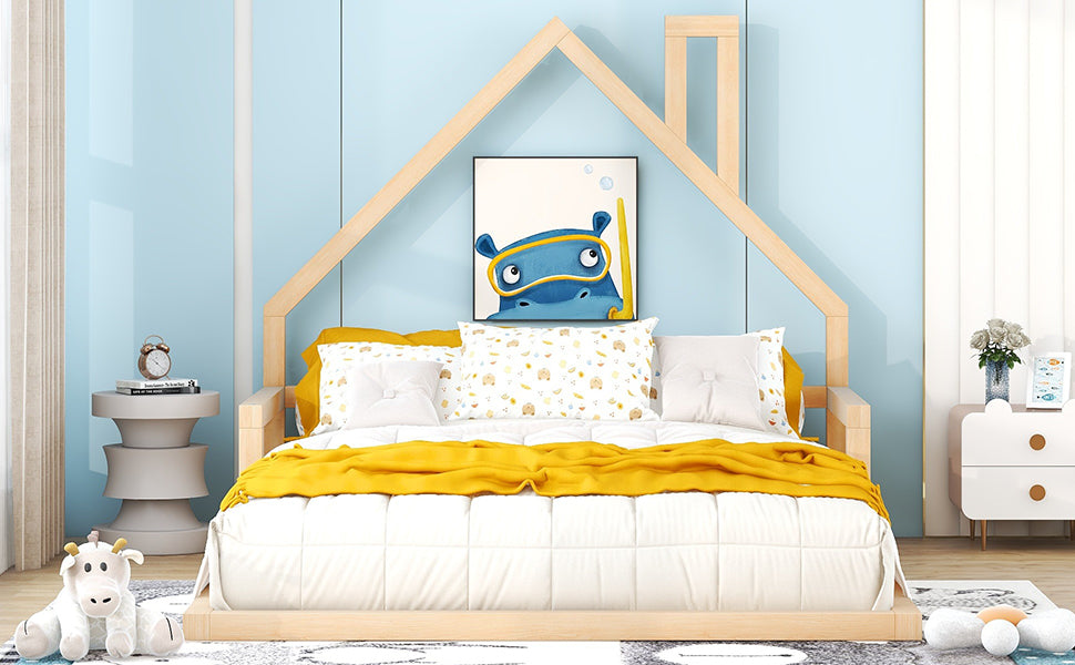 Full Size Kids Floor Bed with House-Shaped Headboard
