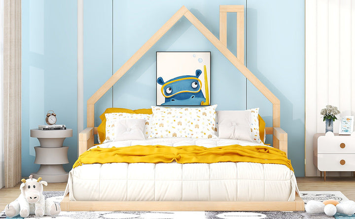 Full Size Kids Floor Bed with House-Shaped Headboard