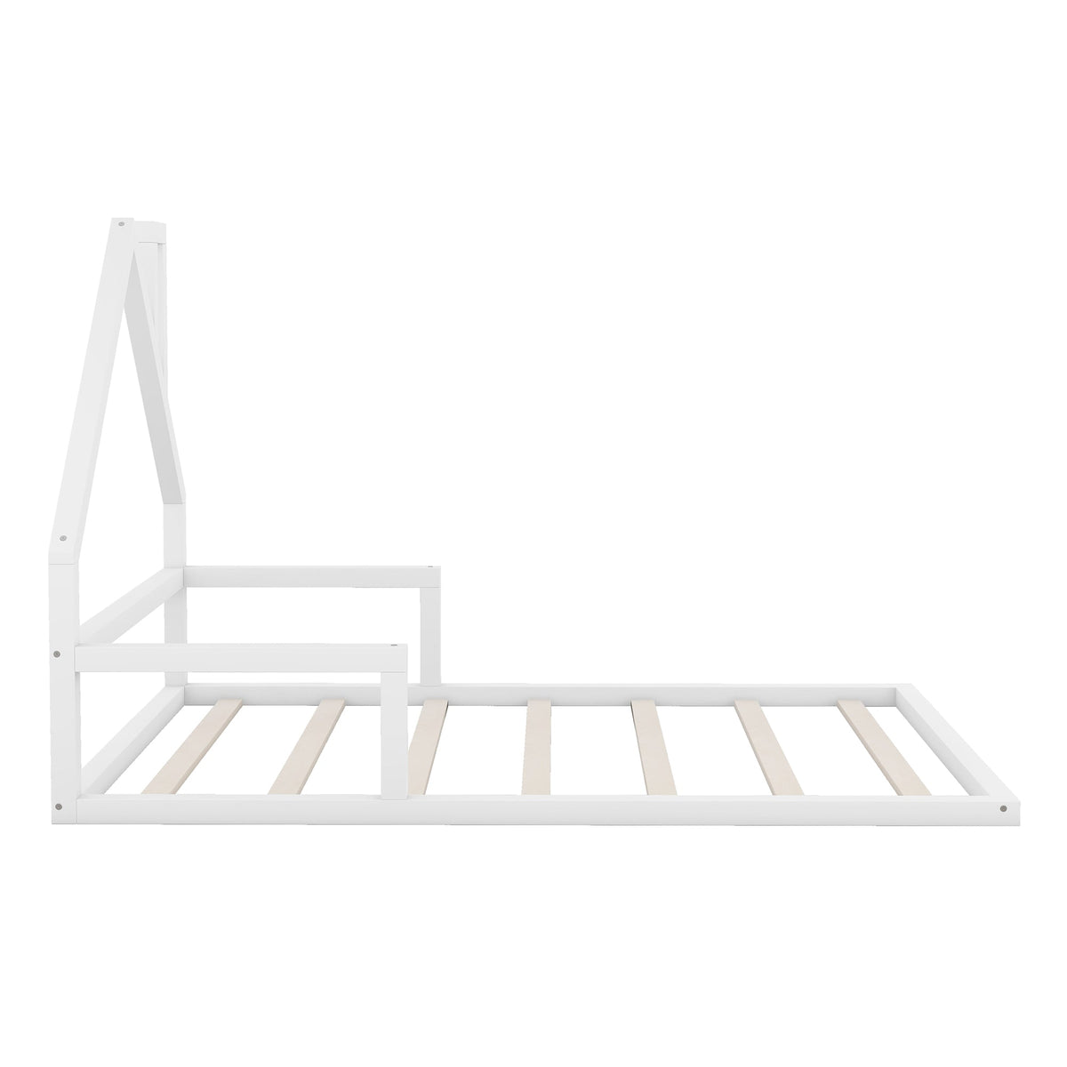 Full Size Floor Bed with House Headboard, White Wood