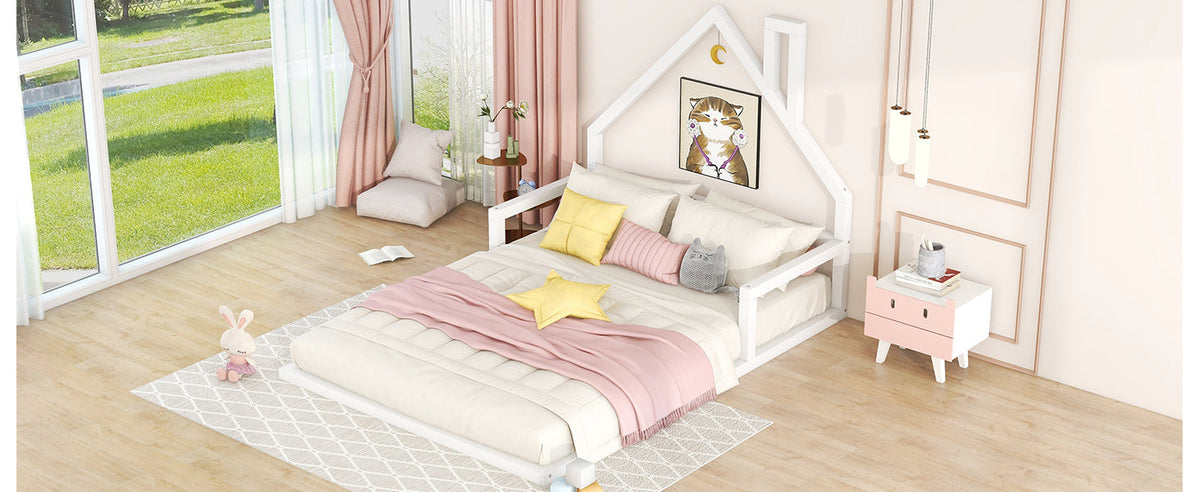 Full Size Floor Bed with House Headboard, White Wood