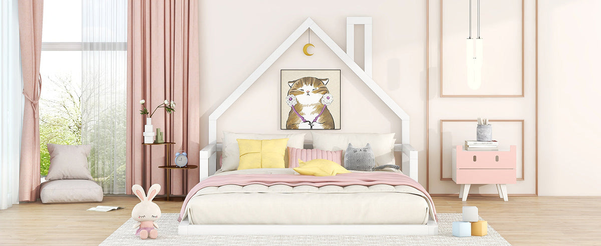 Full Size Floor Bed with House Headboard, White Wood