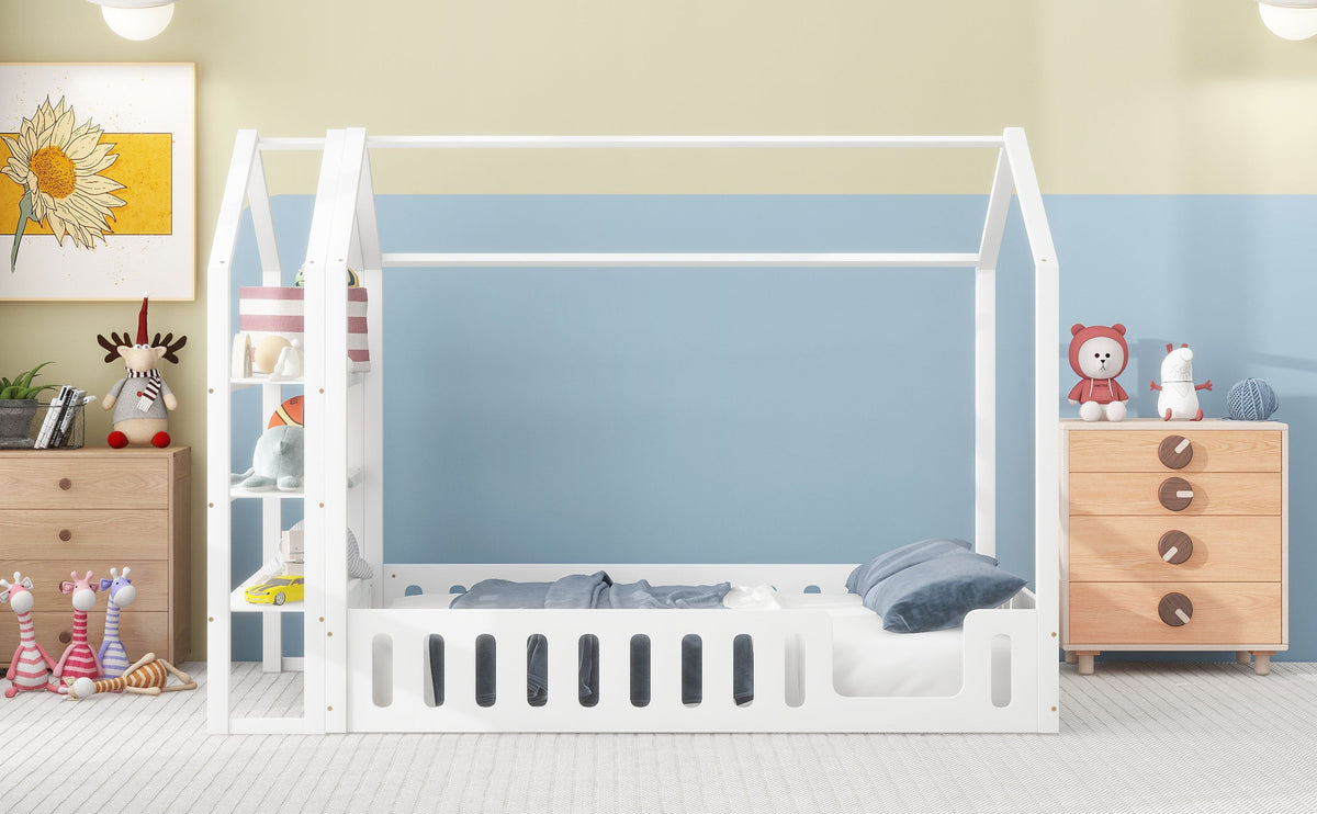 Full Size House Bed for Kids with Fence and Storage